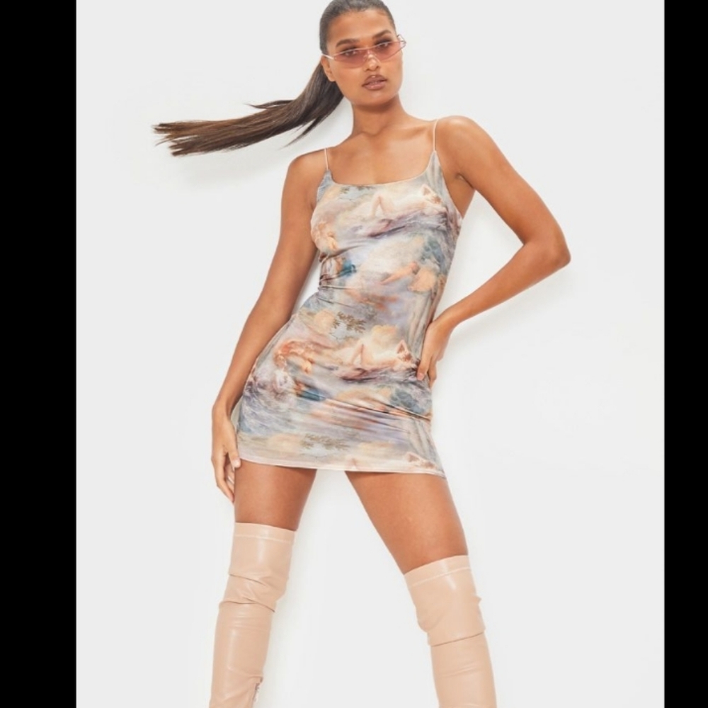 Multi Pastel Pink Renaissance Slinky Bodycon Dress